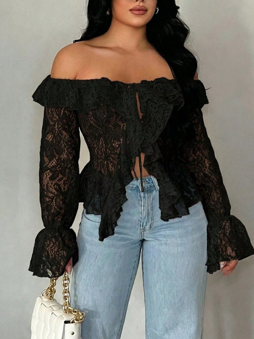 Elegant Women's Plus Size Ruffle Trim Off Shoulder Long Sleeve Sheer Lace Blouse - Picture 7 of 8